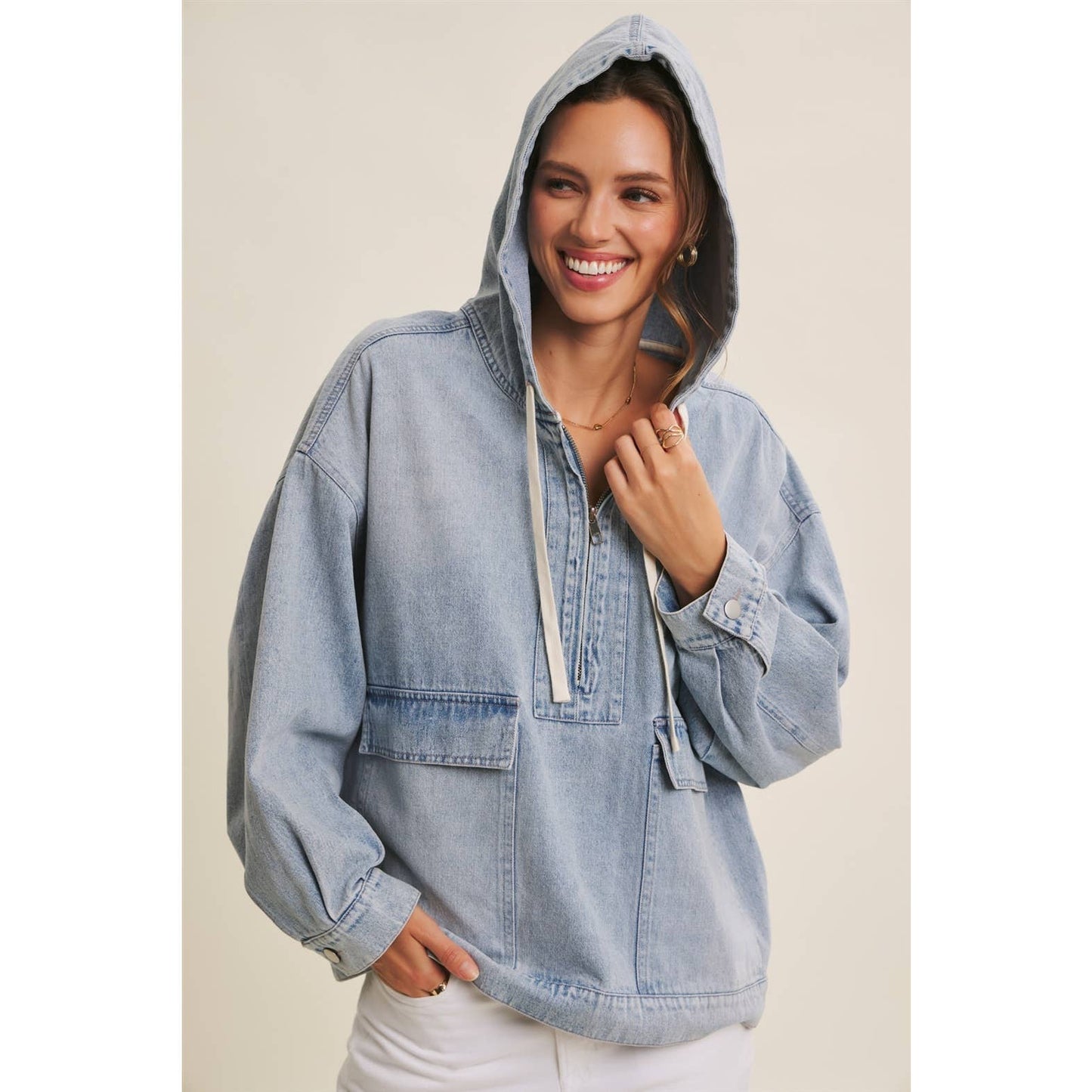 CRAVING COMFORT MINERAL-WASHED DENIM HOODED PULLOVER