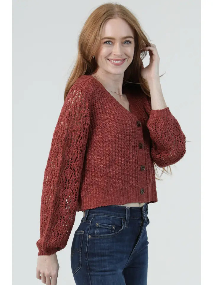 V Neck Button Front Open Knit Sleeves Cardigan
