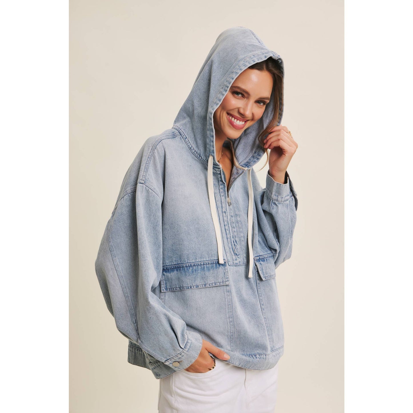 CRAVING COMFORT MINERAL-WASHED DENIM HOODED PULLOVER