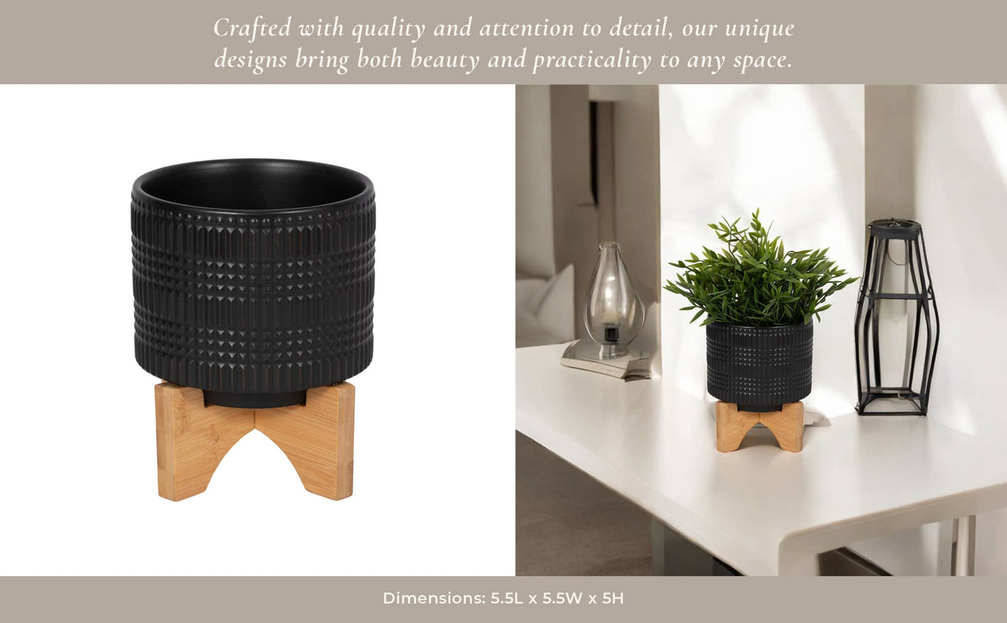 Black Ceramic Round Tribal with Wood Base