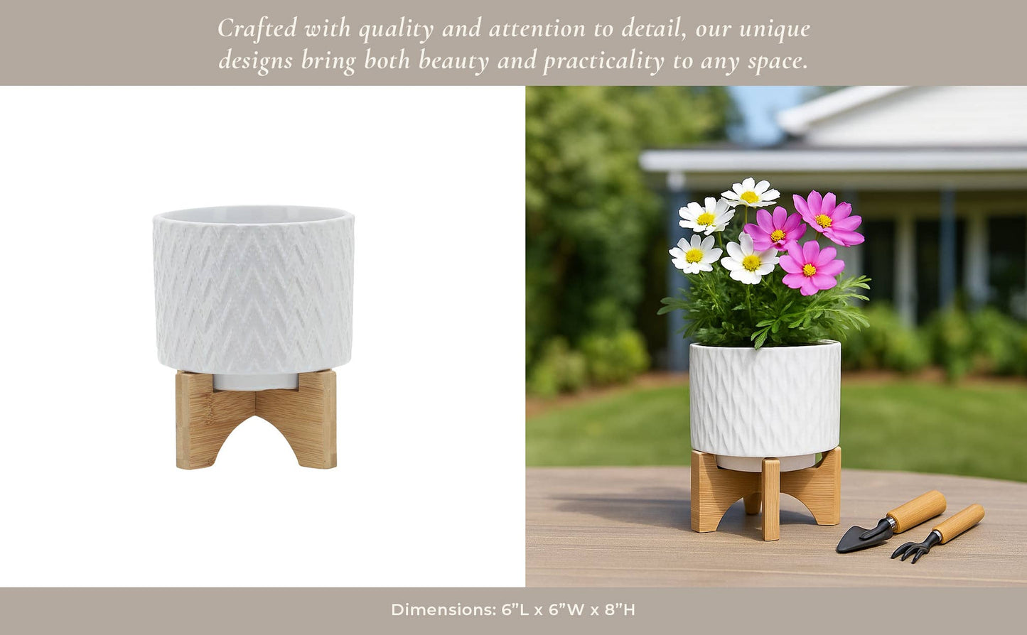 White Ceramic Round Chevron on Wood Stand