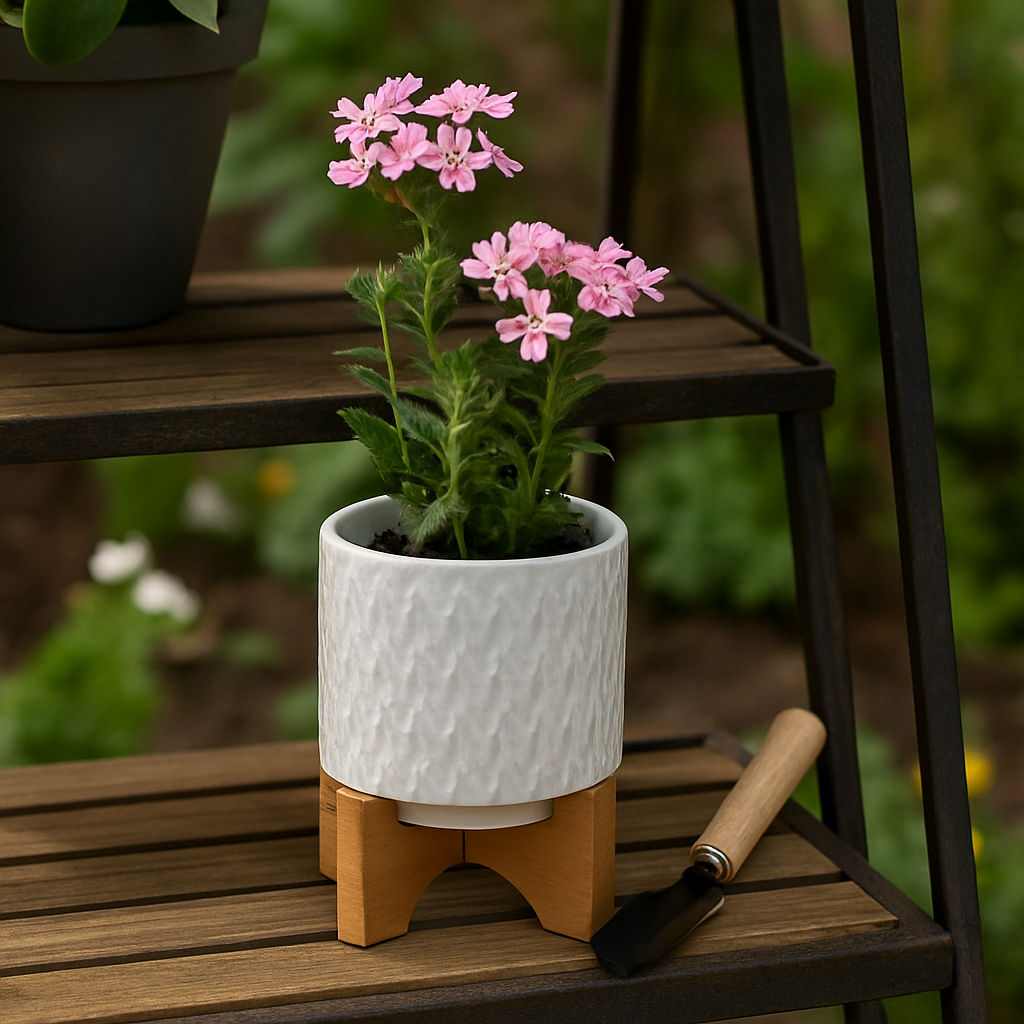 White Ceramic Round Chevron on Wood Stand