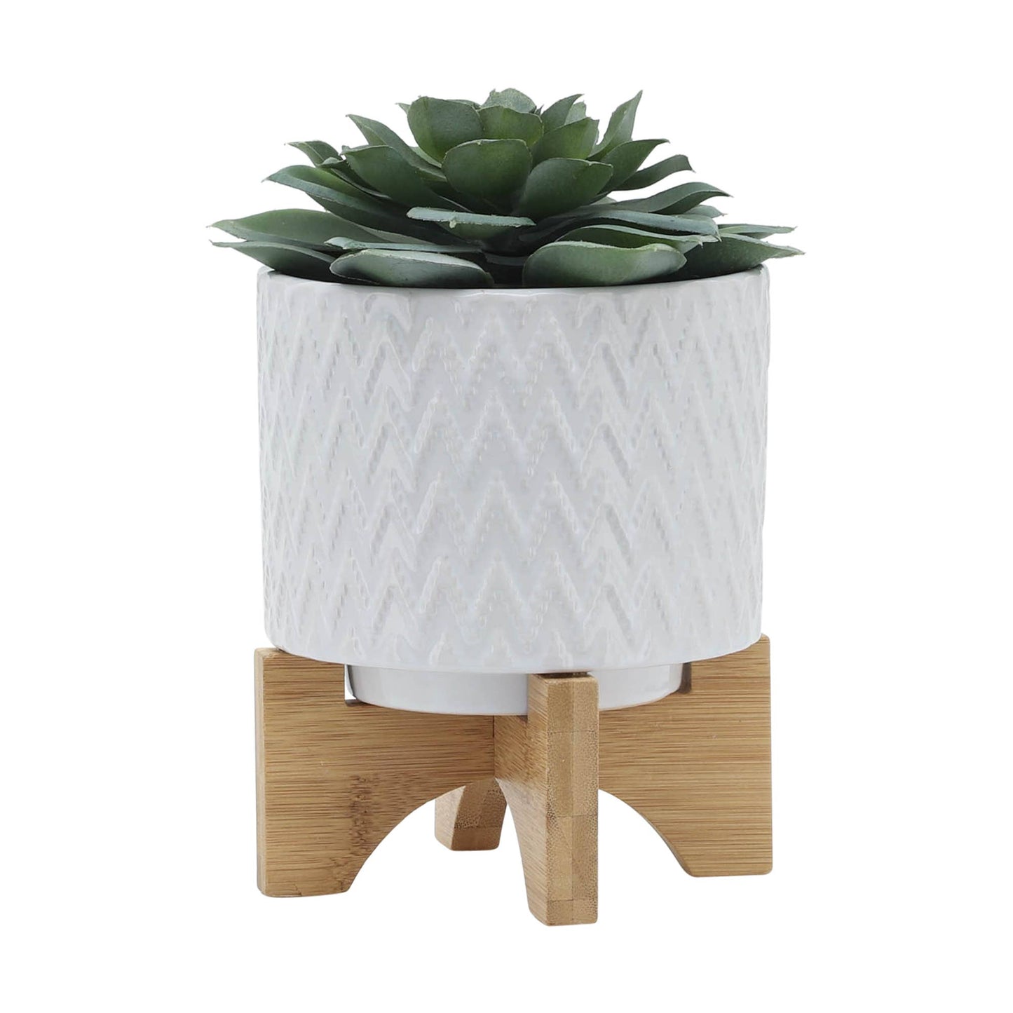 White Ceramic Round Chevron on Wood Stand