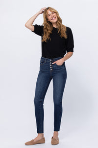 High Rise Button Fly Cut Off Skinny Jean