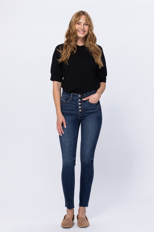 High Rise Button Fly Cut Off Skinny Jean